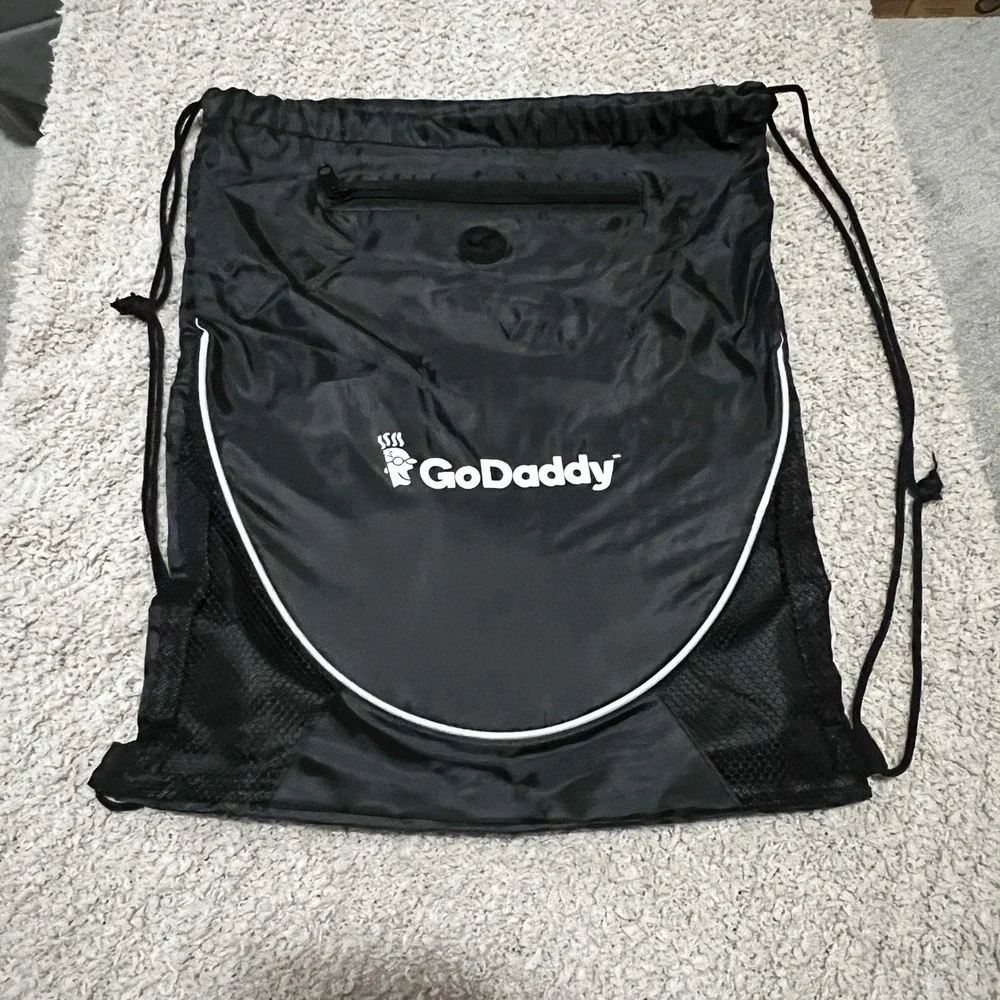 GoDaddy Black Drawstring Bag Backpack Travel Office Casual Nerd Website Tech EUC